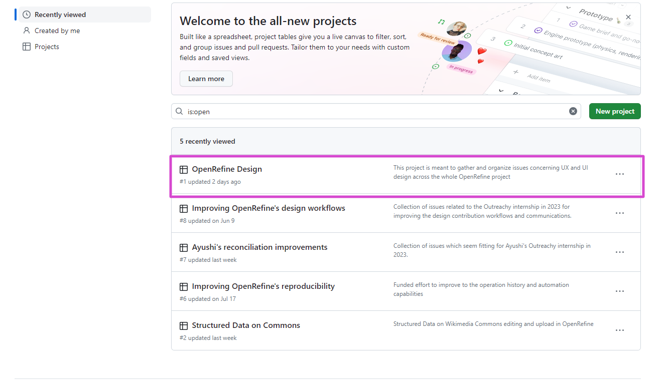 OpenRefine の GitHub リポジトリでデザインプロジェクトを示すスクリーンショット